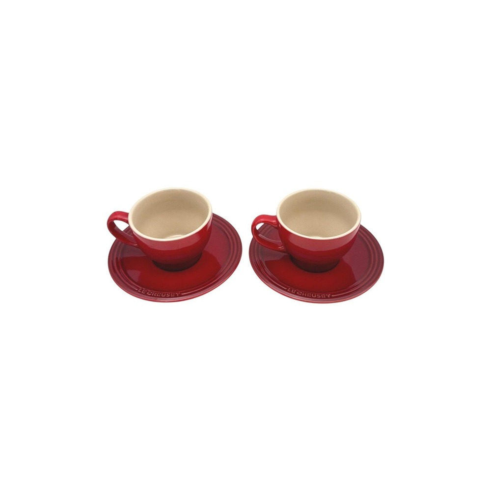 Le‎ Creuset Cappuccino Cups and Saucers Lot 2 Red Cerise Stoneware